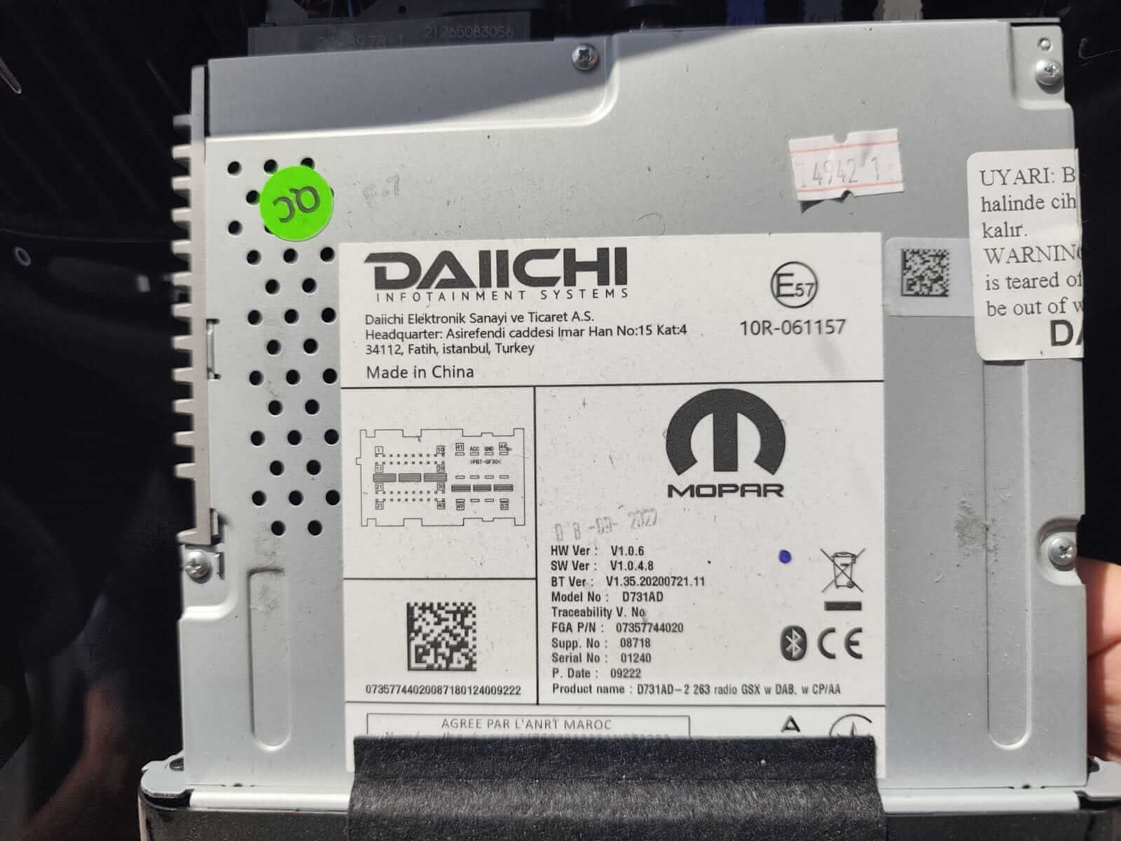Daiichi model no. D731AD radio label with the serial number needed for the radio code